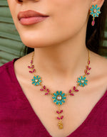 Load image into Gallery viewer, Turquoise & Magenta Floral Necklace Set with Matching Earrings