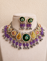 Load image into Gallery viewer, Royal Oxidised Choker Necklace Set with Purple Beads & Stud Earrings
