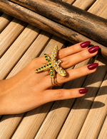 Load image into Gallery viewer, Luxury Dragonfly Kundan Statement Ring for Women | Adjustable Cocktail Ring with Green Stones & Pearls