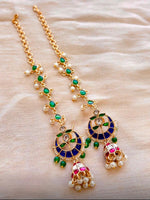 Load image into Gallery viewer, Traditional Green & Blue Kundan Ear Chain Jhumka Earrings for Women