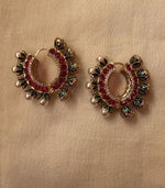 Load image into Gallery viewer, Ruby-Tone Pearl Hoop Earrings with Green Enamel