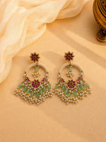 Load image into Gallery viewer, Green Bead & Pearl-Style Floral Statement Earrings
