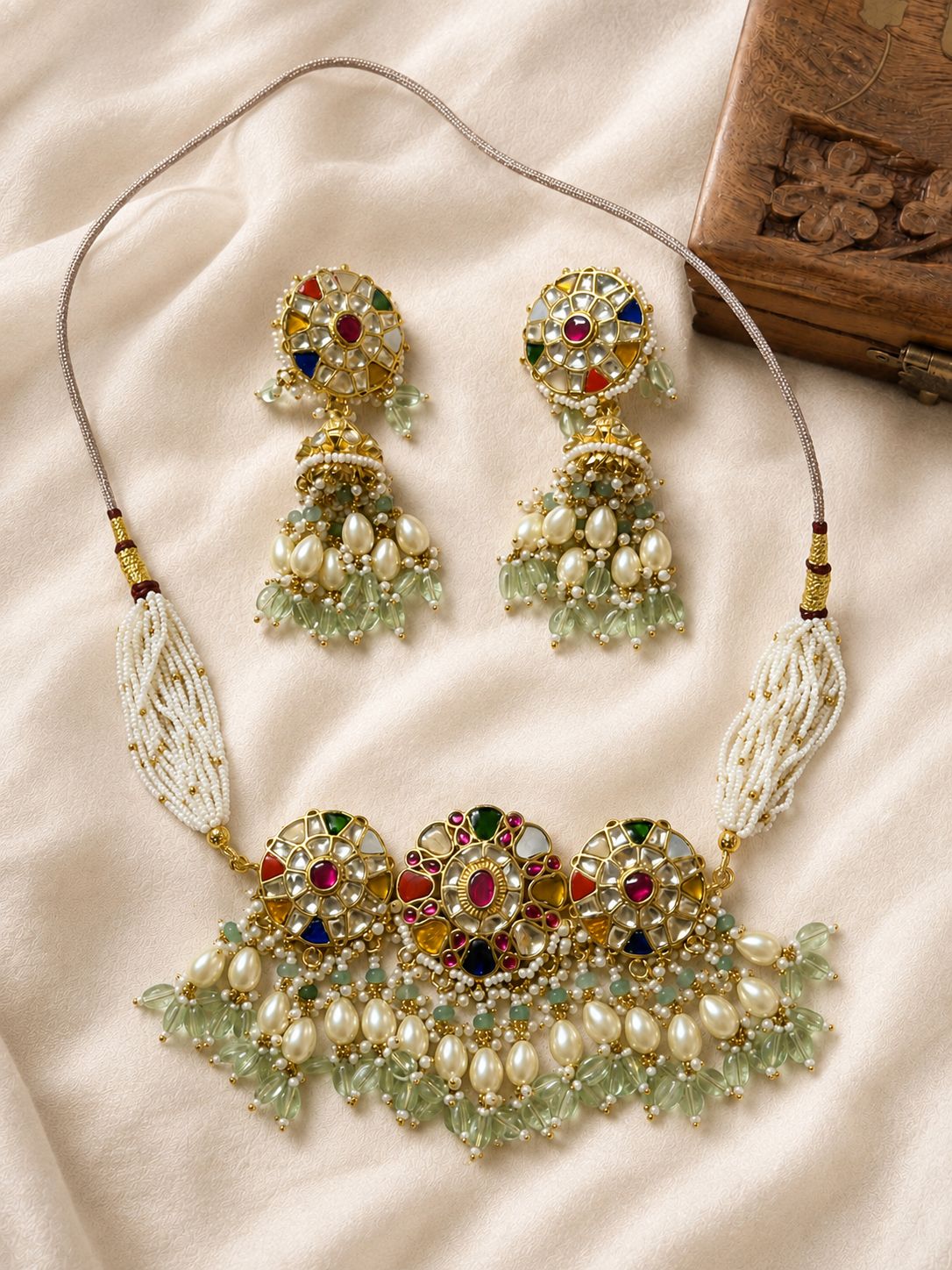 Multicolour medallion choker set with pearl style & green bead drops