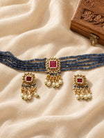 Load image into Gallery viewer, Tanzanite-Tone Beaded Kundan Necklace Set with Pearl Drops
