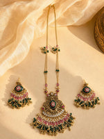 Load image into Gallery viewer, Antique Gold-Tone Green Enamel &amp; Pink Bead Statement Necklace Set
