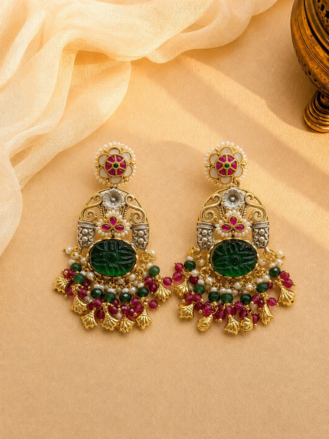 Heritage Green Stone & Pearl-Style Statement Necklace Set