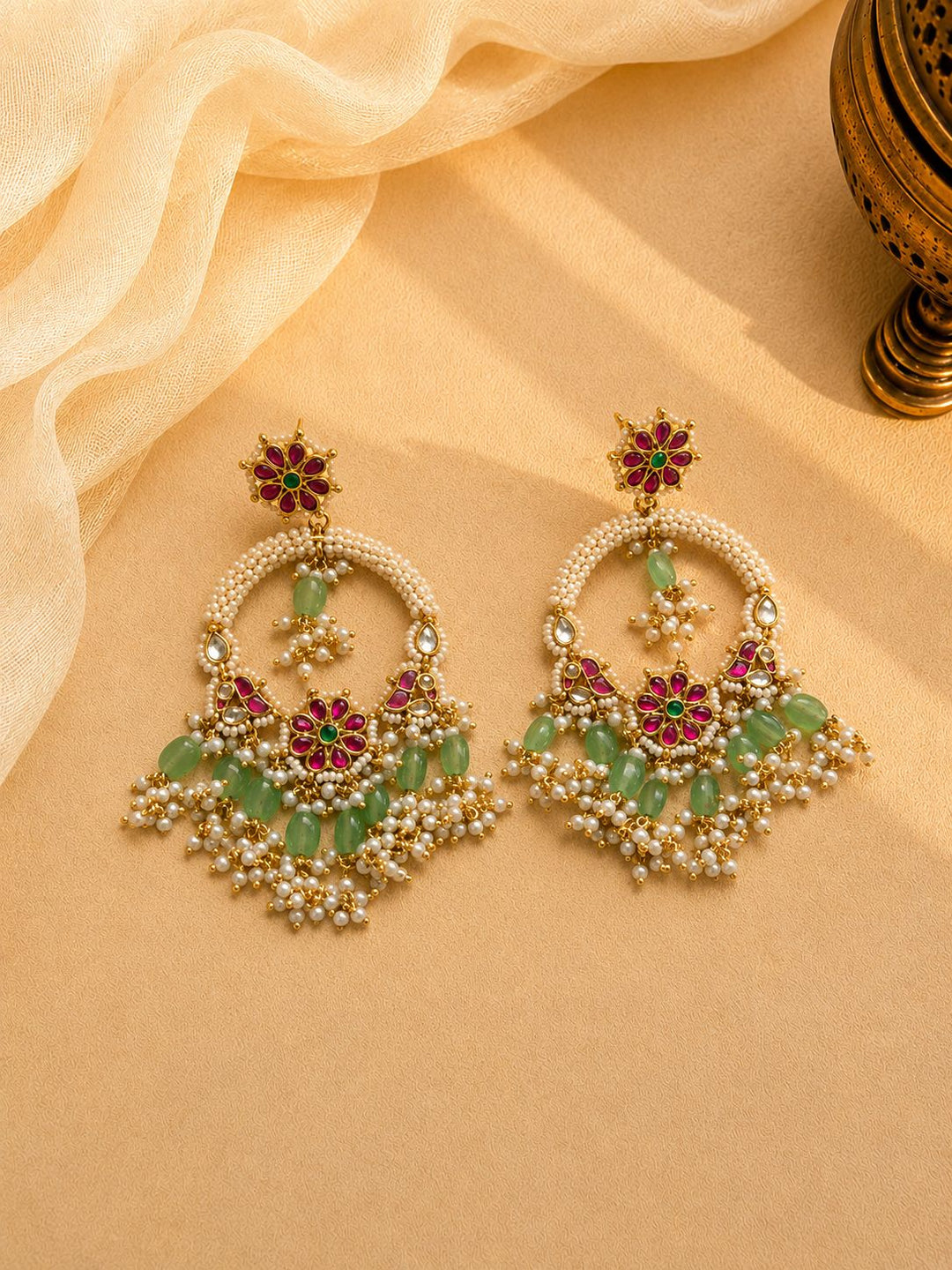 Green Bead & Pearl-Style Floral Statement Earrings