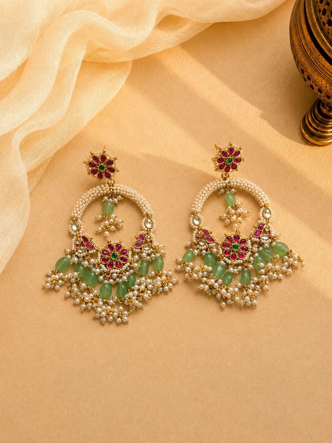 Green bead & pearl style floral statement earrings