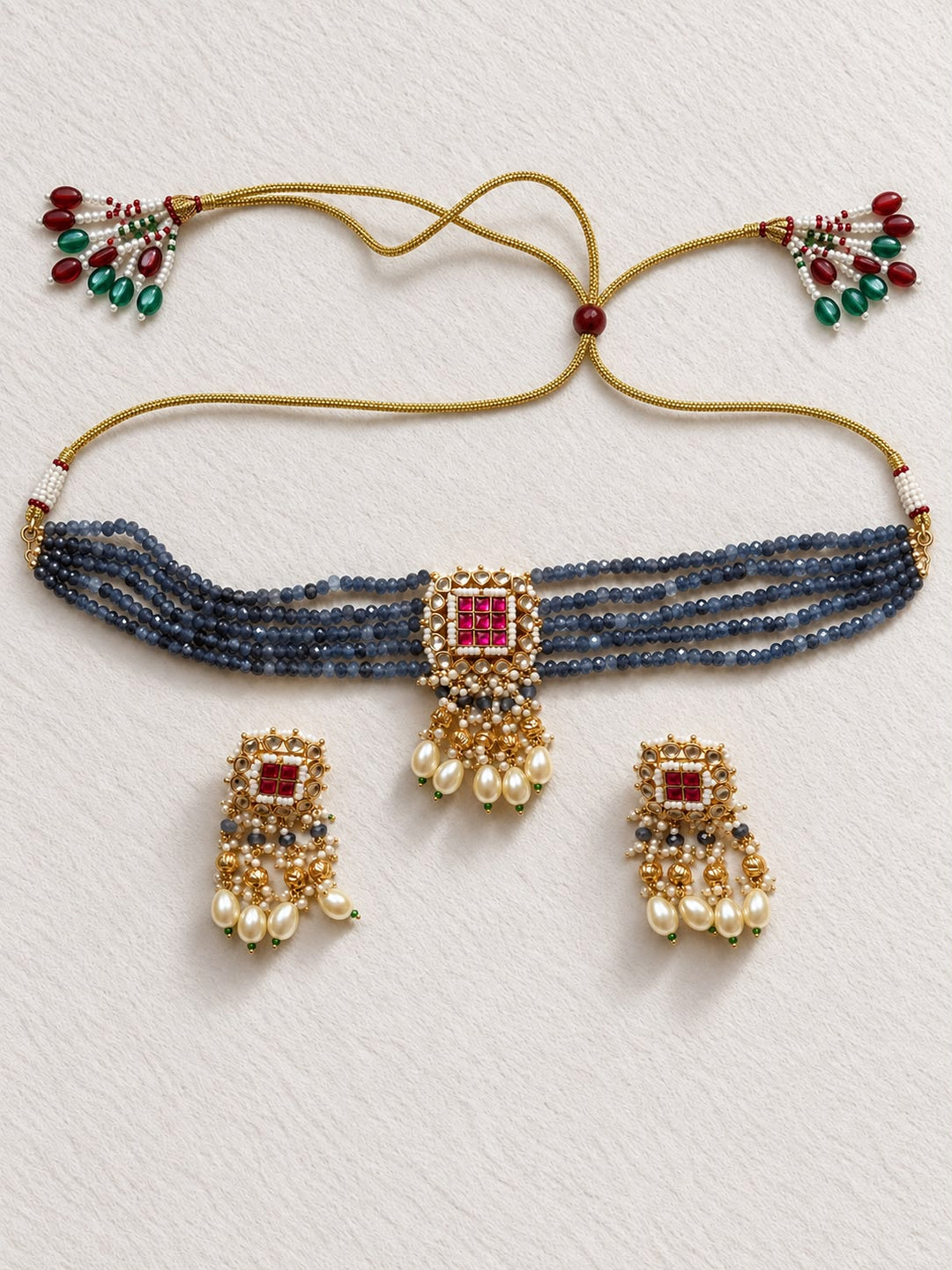 Tanzanite-Tone Beaded Kundan Necklace Set with Pearl Drops