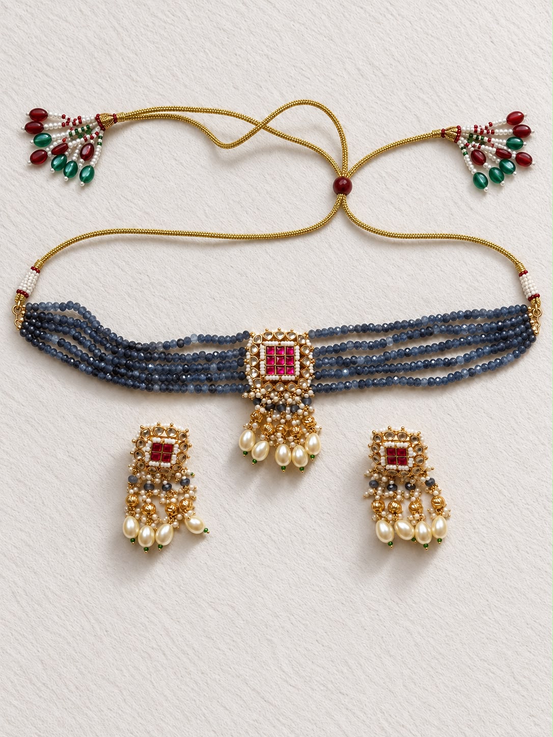 Tanzanite tone beaded kundan necklace set with pearl drops