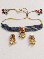 Load image into Gallery viewer, Tanzanite-Tone Beaded Kundan Necklace Set with Pearl Drops
