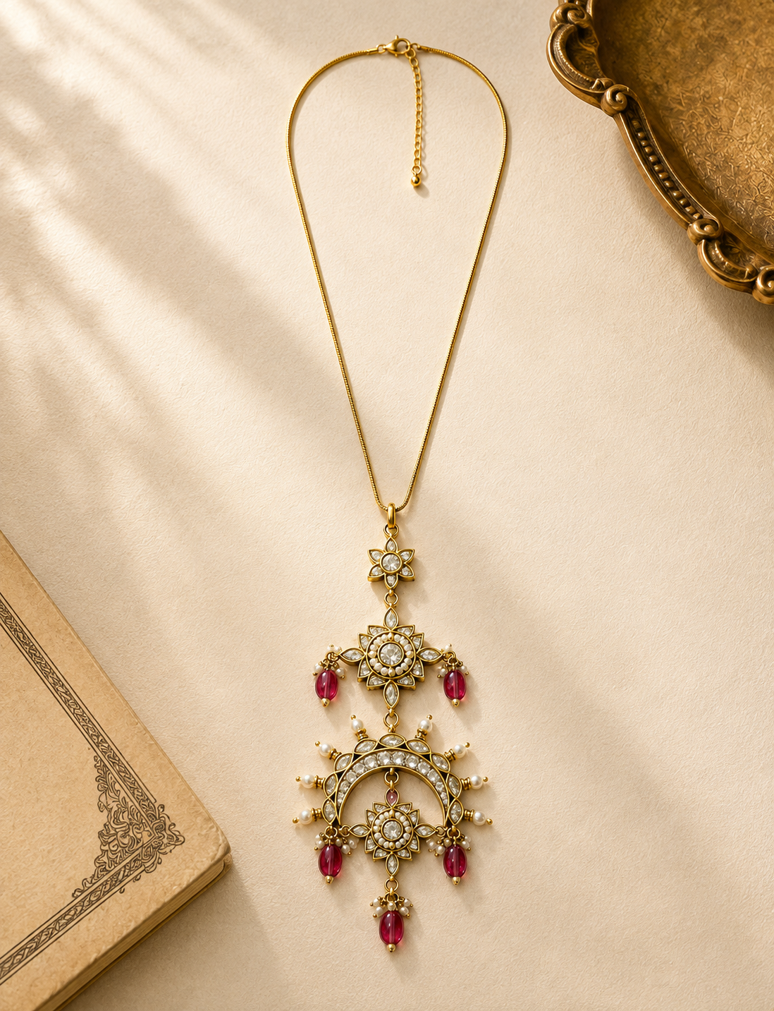Royal floral kundan long pendant necklace with ruby beads for women