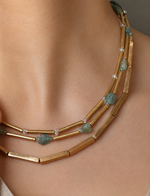 Load image into Gallery viewer, Layered Aqua Stone &amp; Gold Bar Statement Necklace
