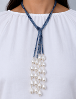 Load image into Gallery viewer, Midnight Blue Pearl Tassel Lariat Necklace
