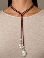 Load image into Gallery viewer, Burgundy Beaded Lariat Necklace with Baroque Pearl Drop
