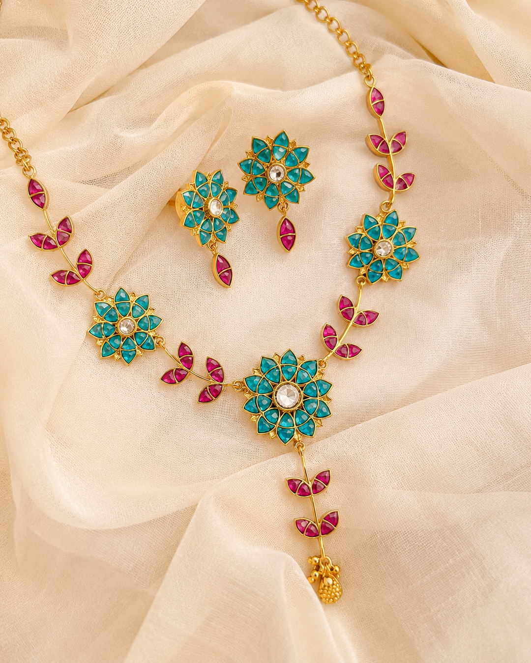Turquoise & Magenta Floral Necklace Set with Matching Earrings