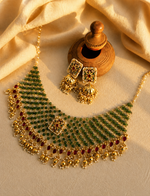Load image into Gallery viewer, Royal Emerald Beaded Floral Bridal Choker Necklace Set with Jhumka Earrings
