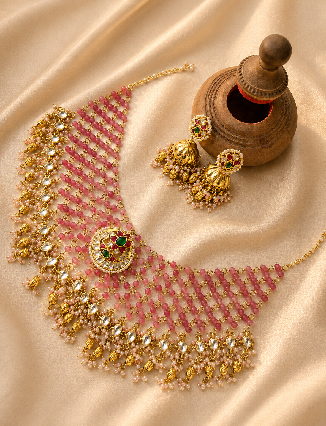Royal emerald beaded floral bridal choker necklace set with jhumka earrings