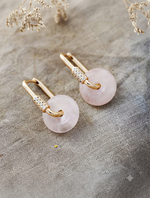 Load image into Gallery viewer, Rose Quartz Donut Hoop Earrings with CZ Lock Detail
