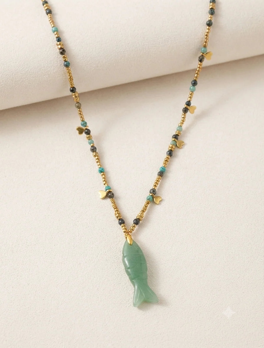 Bohemian Green Jade Fish Pendant Beaded Necklace