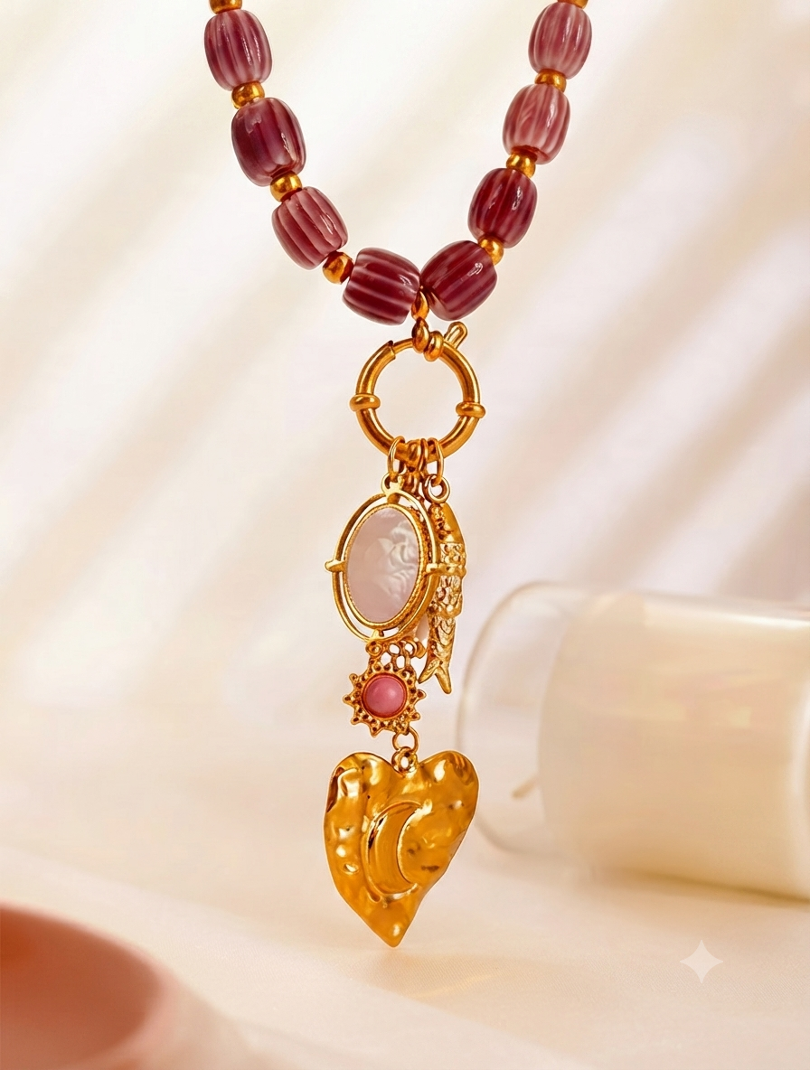 Bohemian Purple Glass Bead Charm Pendant Necklace