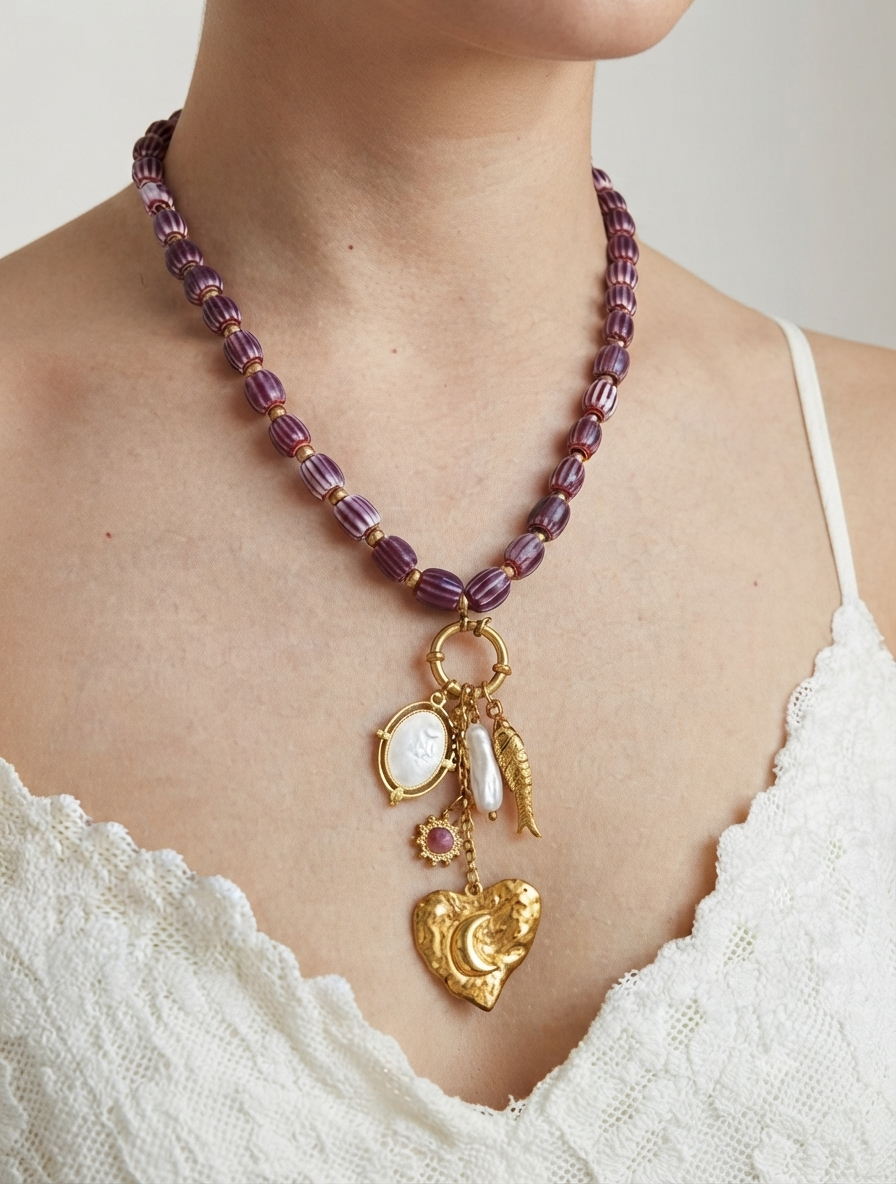 Bohemian Purple Glass Bead Charm Pendant Necklace