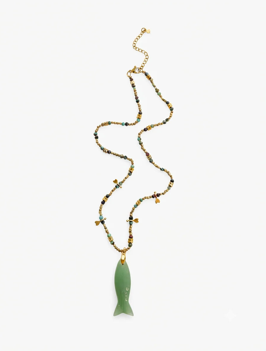 Bohemian Green Jade Fish Pendant Beaded Necklace