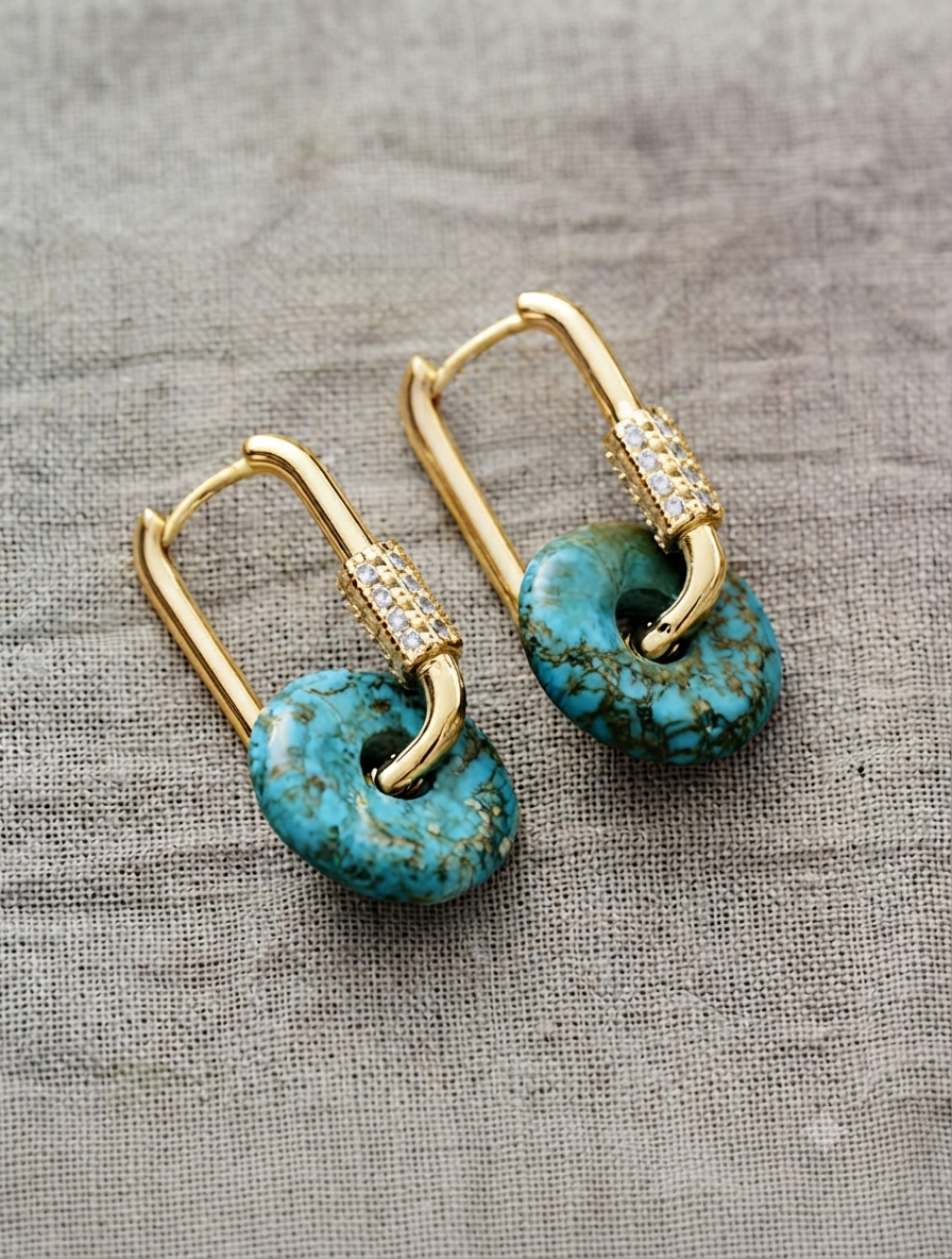 Premium turquoise stone gold lock hoop earrings