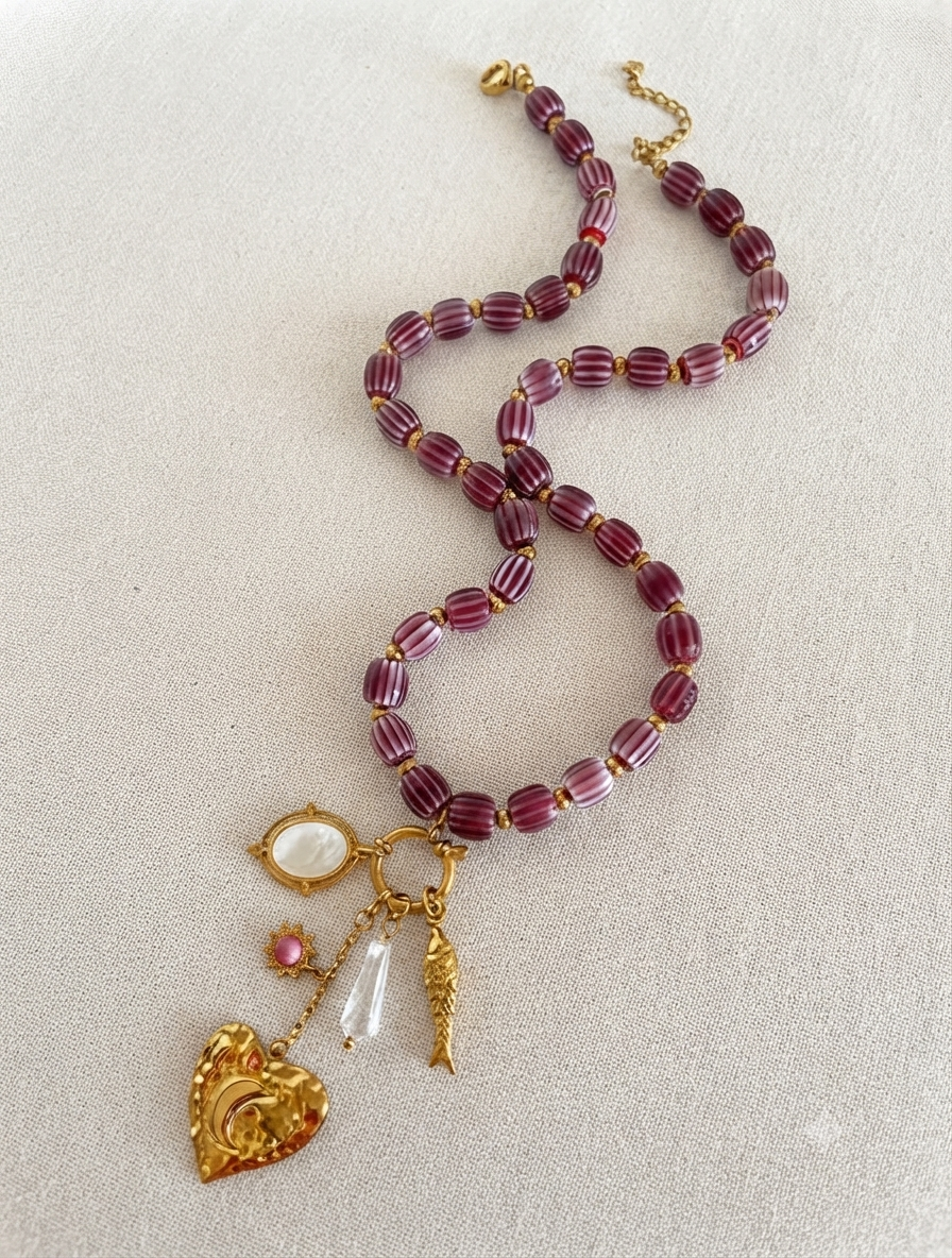 Bohemian Purple Glass Bead Charm Pendant Necklace