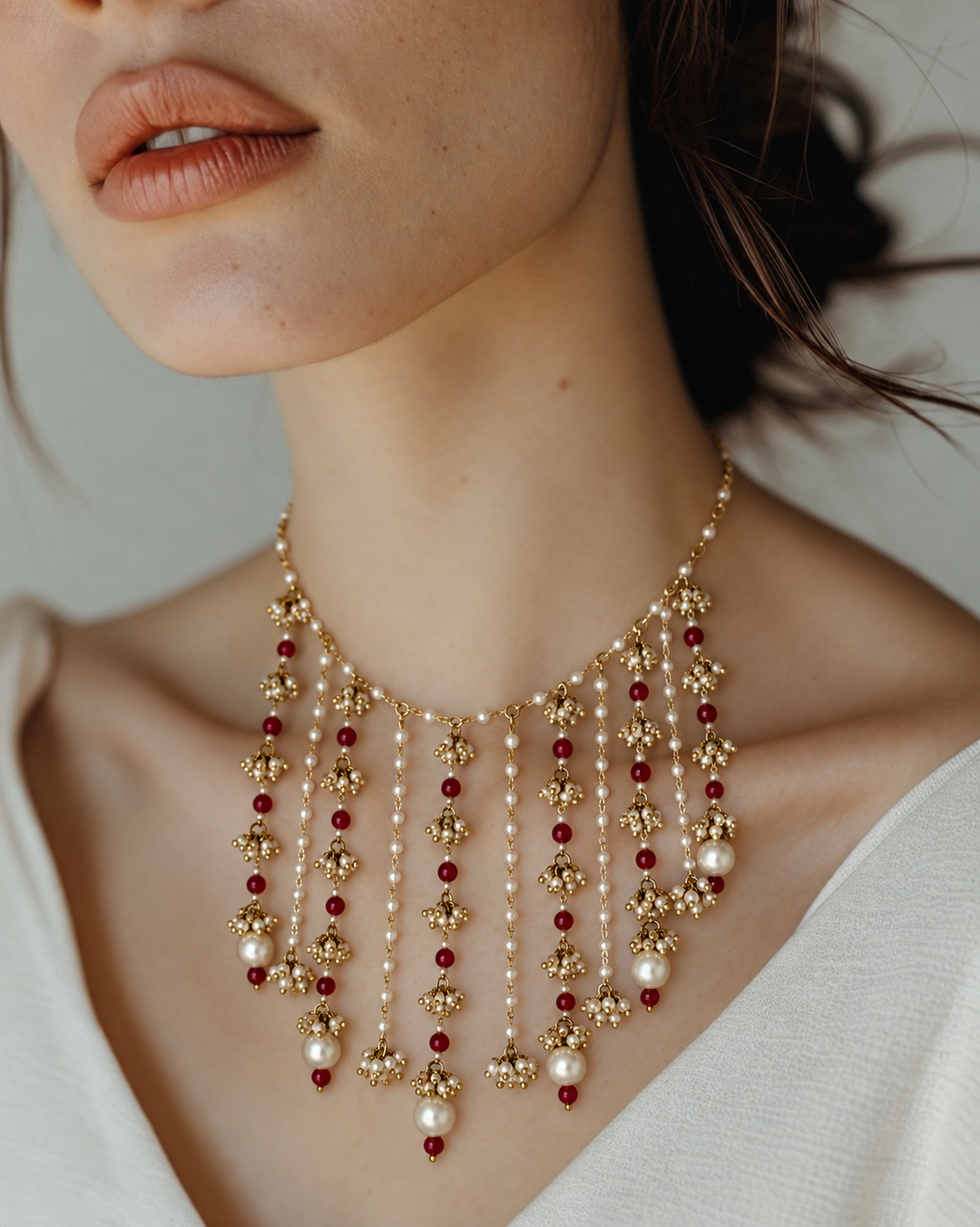 Layered Pearl Drop Statement Necklace