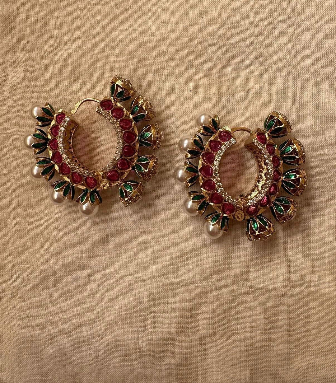 Ruby-Tone Pearl Hoop Earrings with Green Enamel