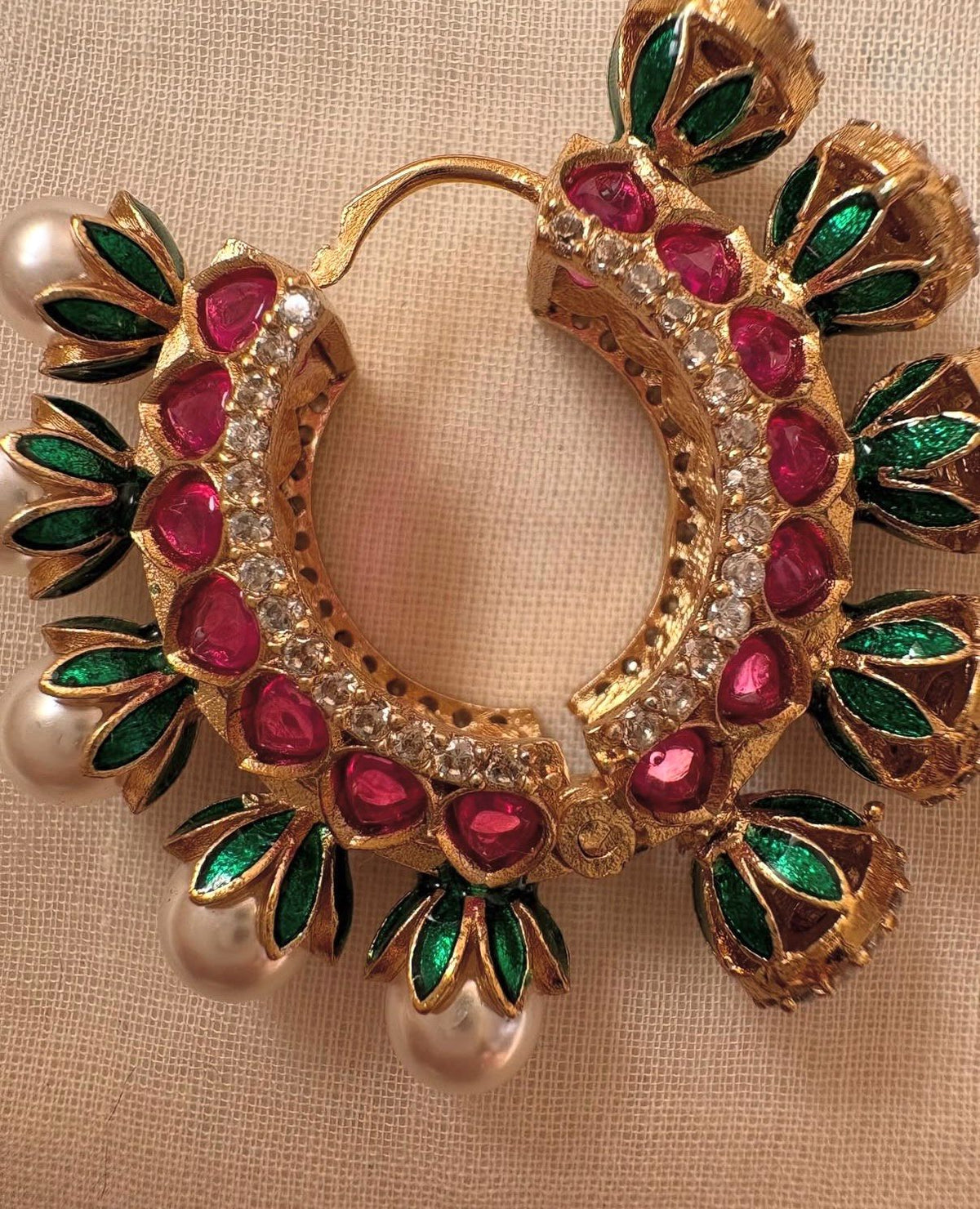 Ruby tone pearl hoop earrings with green enamel