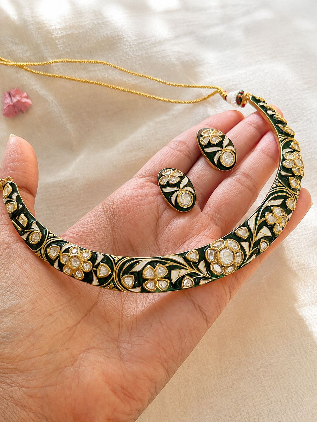 Floral enamel choker set with matching earrings