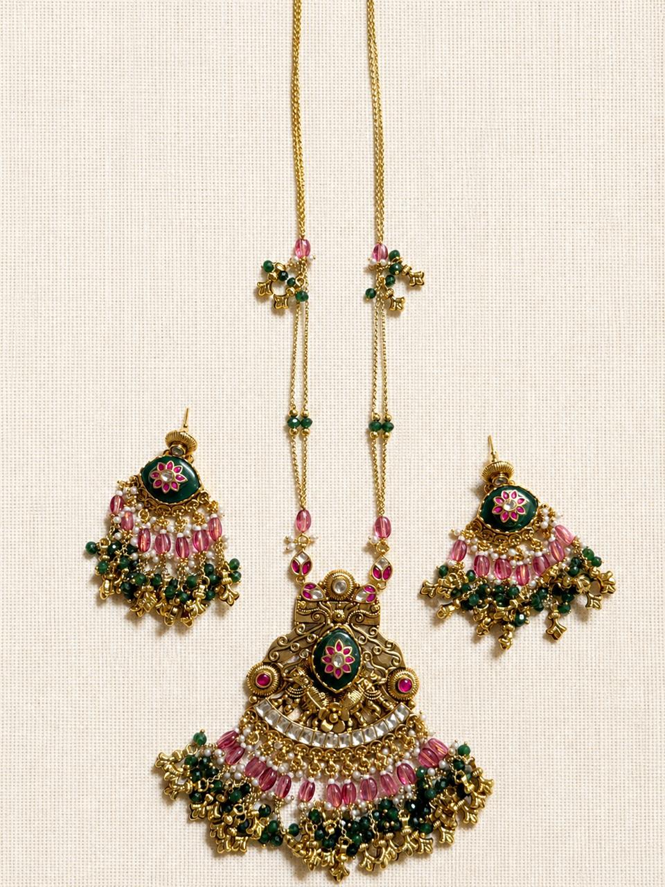 Antique Gold-Tone Green Enamel & Pink Bead Statement Necklace Set