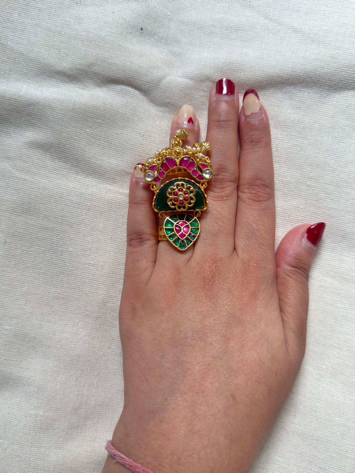 Green enamel & magenta floral statement ring