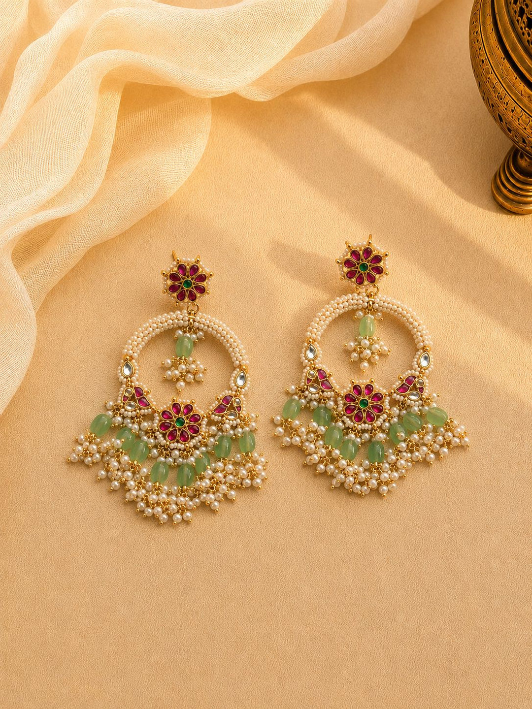 Green Bead & Pearl-Style Floral Statement Earrings