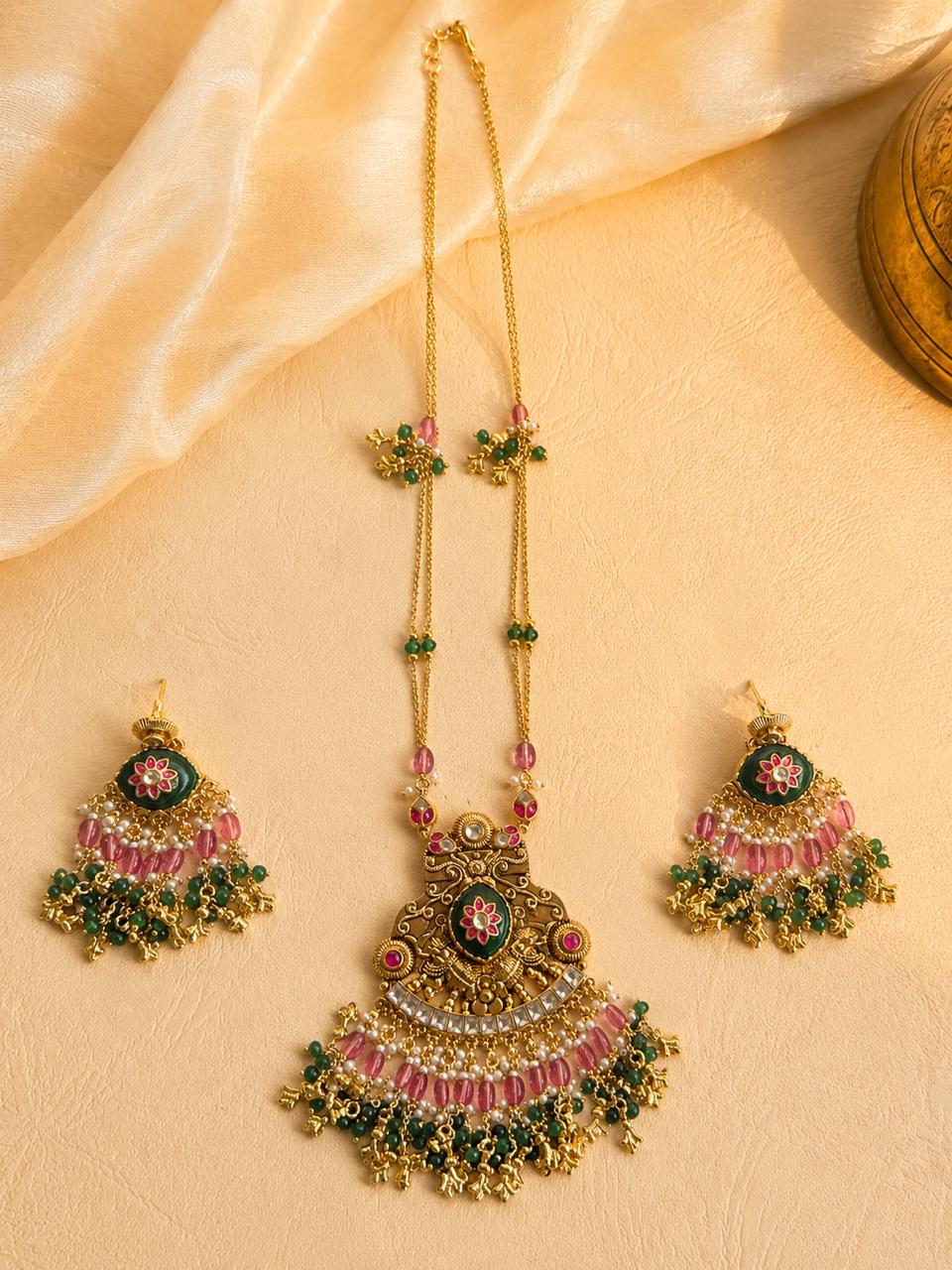 Antique gold tone green enamel & pink bead statement necklace set