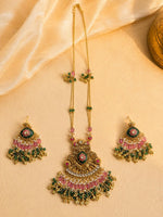 Load image into Gallery viewer, Antique Gold-Tone Green Enamel &amp; Pink Bead Statement Necklace Set
